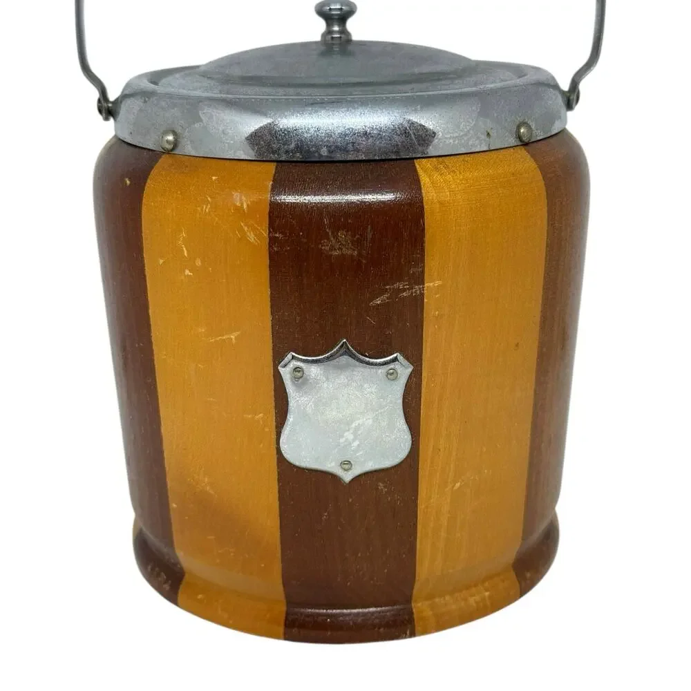Mid‑20th Century English Striped Oak Biscuit Barrel Cream Glaze Interior